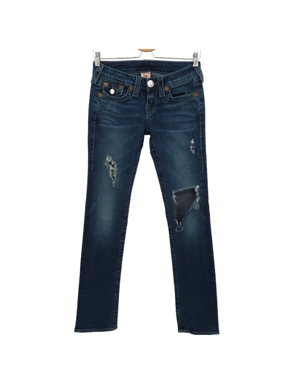 True Religion Women 26 Billy Big T Medium Wash Blue Distressed Torn Denim Jeans